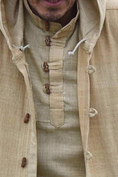 Ethnic Style Plain Long Sleeves Big Pocket Toggle Button Oversized Beige Coat with Hood