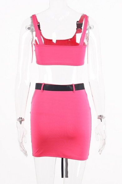 Female Sexy Push Buckle Straps Crop Tank Top with Mini Skirt Casual Solid Color Two Piece Set