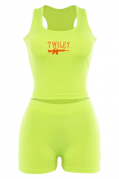 Funny Embroidery Gun Letter TWILEY Print Sleeveless Tank with Casual Shorts Two Piece Set