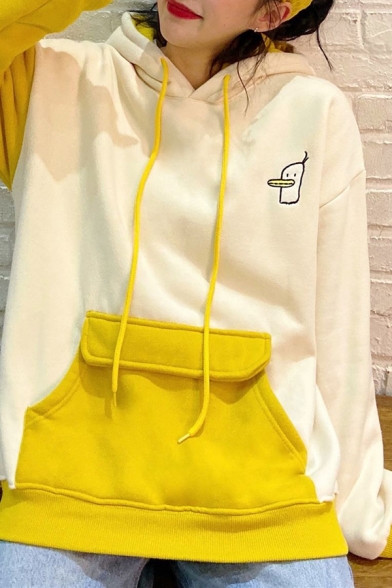 Girls Lovely Duck Embroidery Color Block Long Sleeve Oversized Thick Drawstring Hoodie