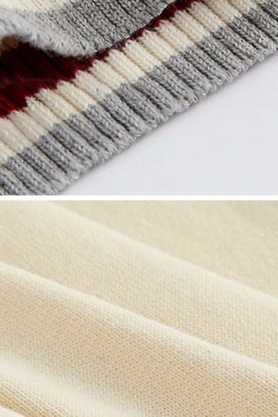 Hot Popular Contrast Stripe V-Neck Sleeveless Apricot Casual Knit Sweater Vest