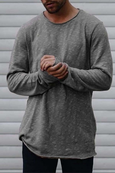 Plain Long Sleeves Round Neck Relaxed Loose Tunic T-Shirt Top for Men