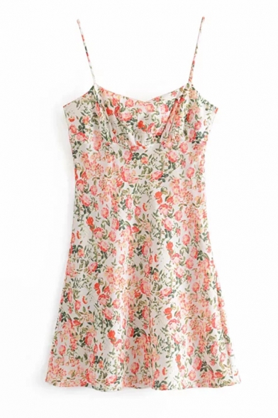 Ladies' Pretty Sleeveless All Over Floral Print Zip Side Short A-Line Dress in Pink