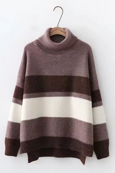 Ladies Simple Wide Stripes Printed Long Sleeve Turtle Neck Oversized Pullover Sweater