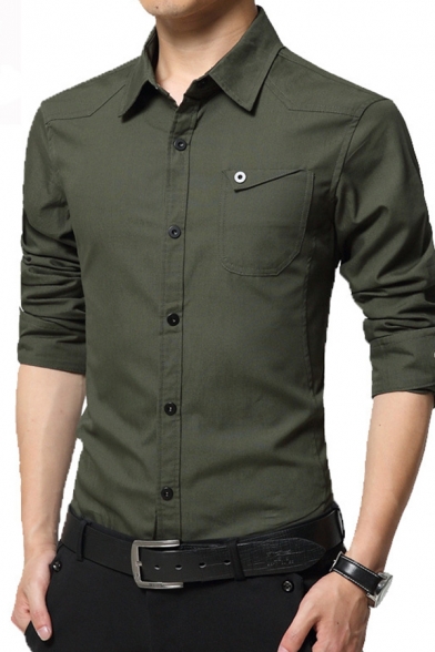 Mens Button Down Lapel Solid Color Zips Skinny Fit Long-Sleeves Tops Shirt