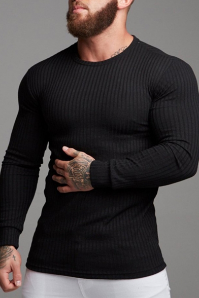 Men's Simple Plain Ribbed Knit Long Sleeves Round Neck Slim Fit Leisure T-Shirt
