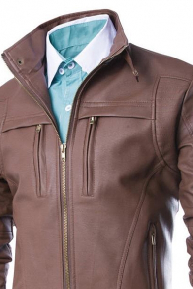 Mens Casual Plain Long Sleeves Zip Placket Slim Fit PU Leather Jacket
