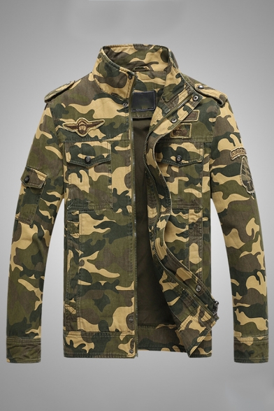 Mens Leisure Fashion Camouflage Printed Long Sleeve Zip Up Slim Fit Military Jacket