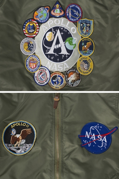 Mens Popular Letter A NASA Embroidery Applique Long Sleeve Zip Up MA-01 Bomber Jacket