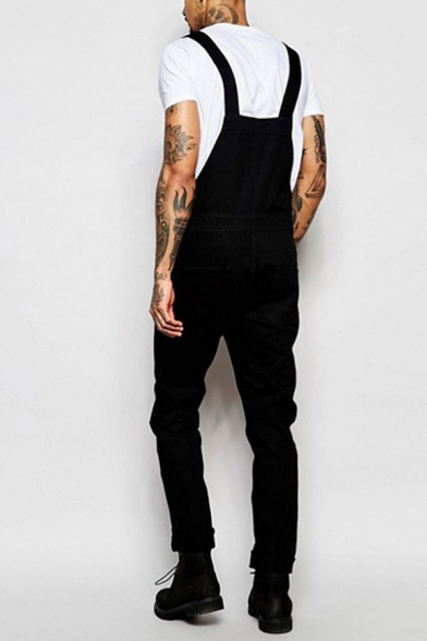 New Arrival Plain Black Side Button Embellished Slim Fit Denim Jumpsuits Bib Overalls