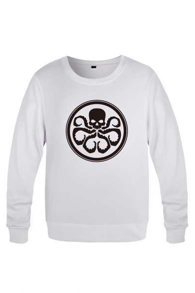 New Trendy Skull Symbol Printed Long Sleeves Crewneck Pullover Sweatshirt
