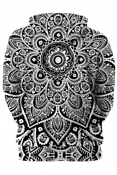 Newest Unique Datura Digital Printing Long Sleeves Black and White Pullover Hoodie