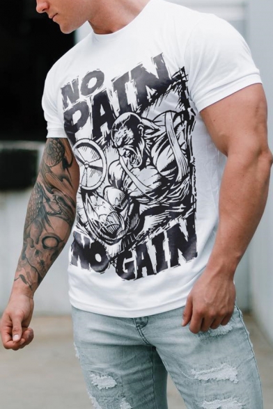 NO PAIN NO GAIN Letter Muscle Man Print Short Sleeve Crew Neck Graphic T-Shirt