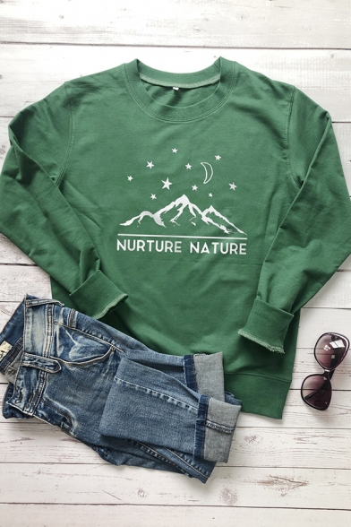 NURTURE NATURE Letter Mountain Star Pattern Long Sleeve Graphic Pullover Sweatshirt