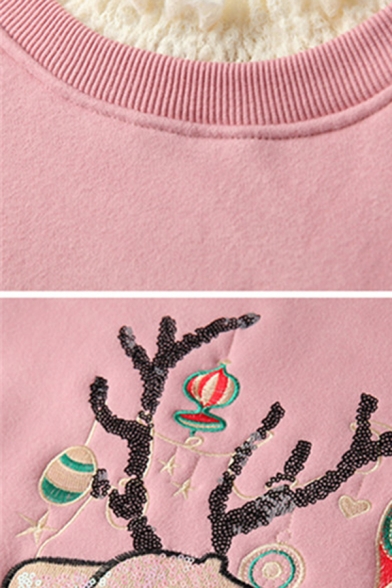 Pink Cute Christmas Elk Embroidery Long Sleeve Fake Two Piece Panel Loose Sweatshirt