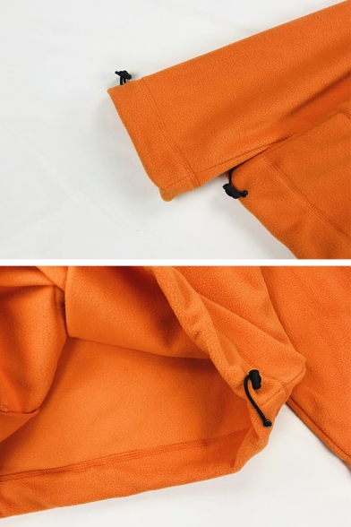Plain Orange High Collar Long Sleeve Drawstring Pocket Loose Fleece Sweatshirt