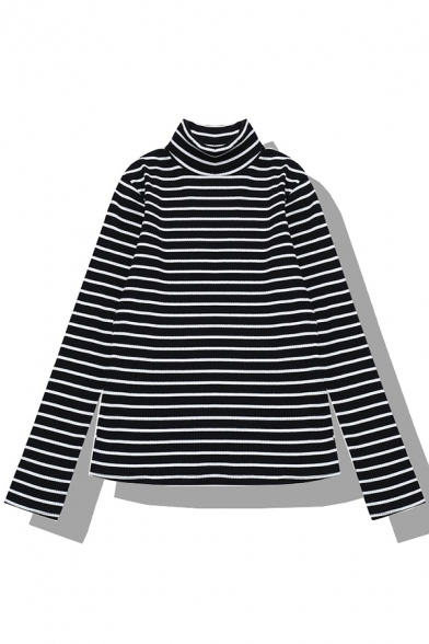 Popular Girls' Long Sleeve Turtle Neck Stripe Patterned Loose Fit Knit Pullover Sweater