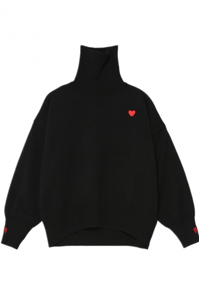 Preppy Girls' Balloon Sleeve Turtleneck Heart Print Purl Knit Oversize Pullover Sweater
