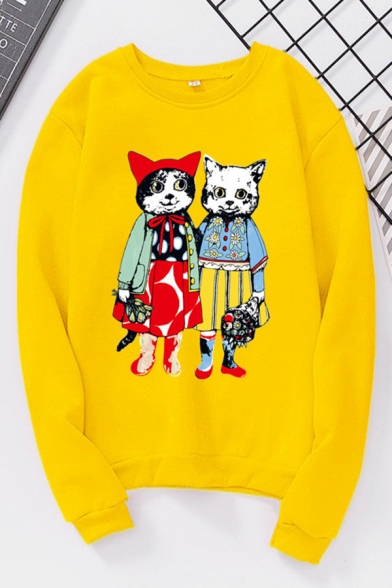 Preppy Girls' Long Sleeve Crew Neck Kitty Pattern Relaxed Pullover Sweatshirt