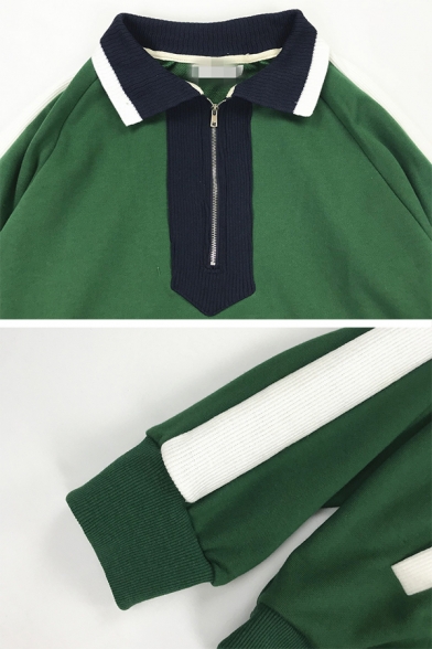 Preppy Style Contrast Trim Lapel Collar Long Sleeve Half Zip Front Loose Retro Sweatshirt