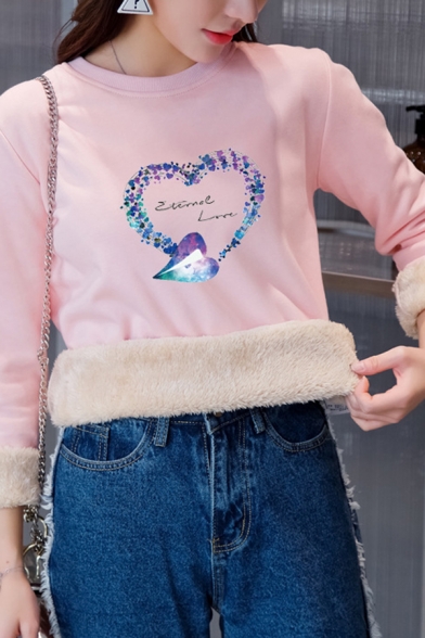 Pretty Basic Long Sleeve Crew Neck ETERNAL LOVE Letter Heart Printed Sherpa Lined Relaxed Sweatshirt for Preppy Girls