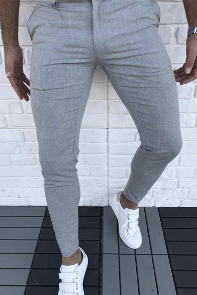 Simple Fashion Plain Zipper Placket Mid-Rised Leisure Trousers Skinny Pencil Pants