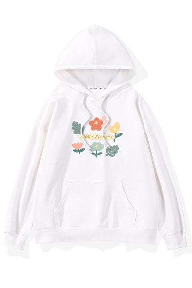 Simple Letter LITTLE FLOWER Print Long Sleeve White Drawstring Graphic Hoodie in Loose Fit