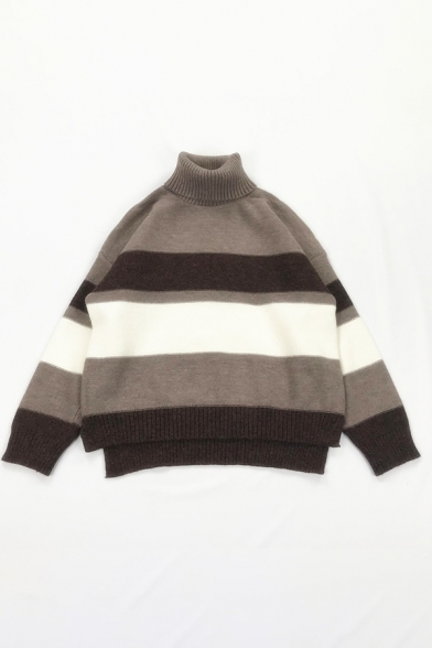 Simple Wide Striped Pattern Long Sleeve Turtle Neck High Low Hem Loose Fit Casual Sweater