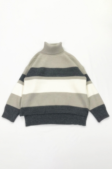 Simple Wide Striped Pattern Long Sleeve Turtle Neck High Low Hem Loose Fit Casual Sweater