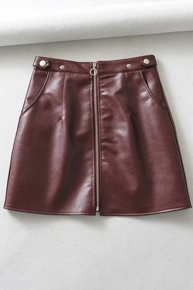Street Girls' High Waist O-Ring Zipper Front Plain Leather Mini A-Line Skirt