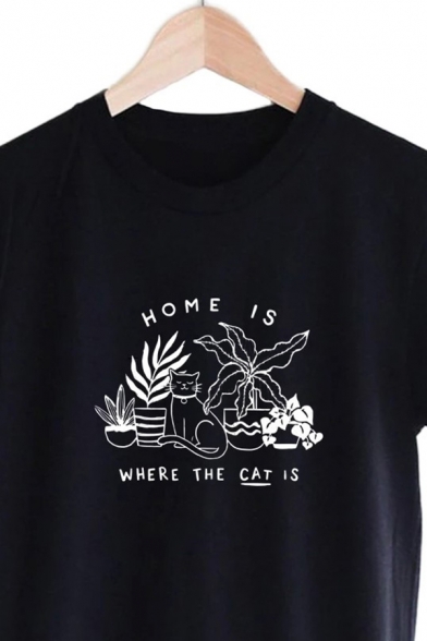 Street Letter HOME IS WHERE CAT IS Print Short Sleeve Crew Neck Graphic T-Shirt