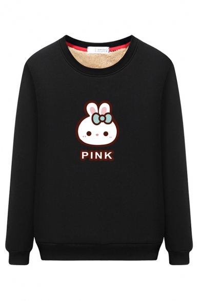 Thickened Leisure Long Sleeve Crew Neck Letter PINK Rabbit Printed Sherpa Liner Relaxed Fit Pullover Sweatshirt for Girls