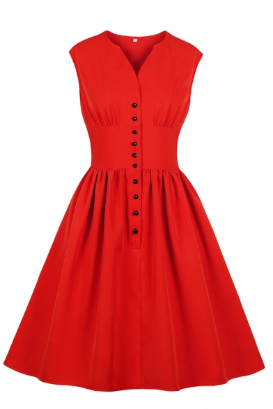 Trendy Ladies' Sleeveless V-Neck Button Down Mid Plain Pleated Flared A-Line Dress