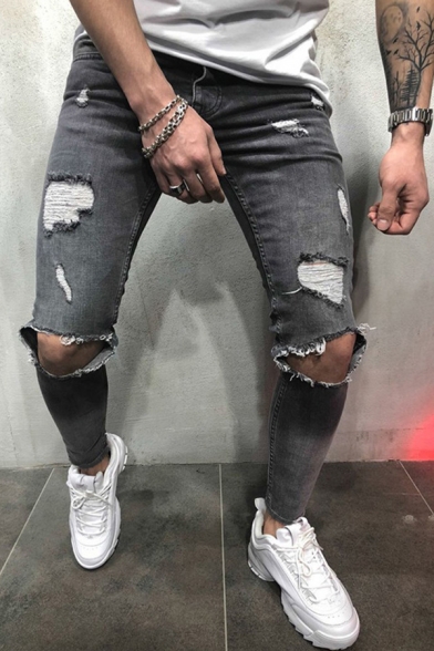 Unique Cut Knee Shredded Detail Zipper Fly Skinny Fit Casual Plain Jeans for Men