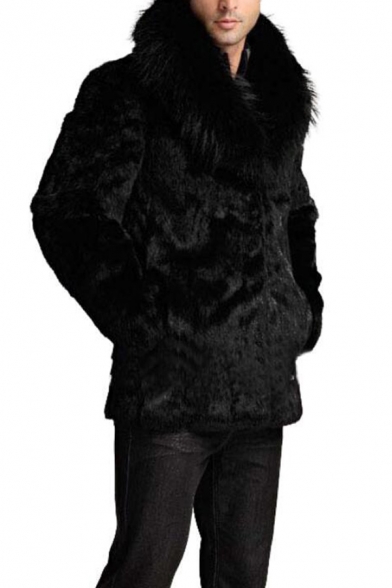 Winter Luxury Plain Black Long Sleeve Open Front Soft Faux Fur Coat for Men