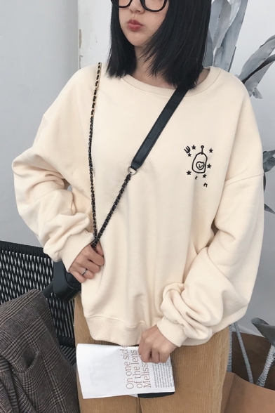 Women Korean Style Long Sleeve Crew Neck Cartoon Patterned Oversize Boyfriend Sweatshirt