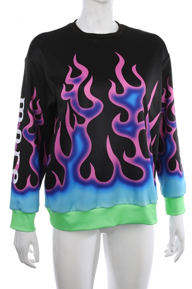 Women Punk Cool Long Sleeve Crew Neck ROCK MORE Letter Flame Pattern Loose Fit Pullover Sweatshirt in Blue