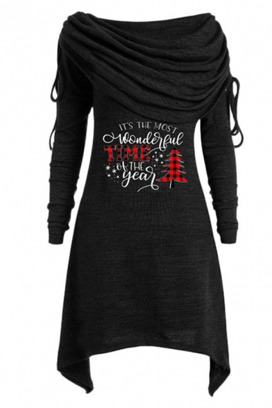 Women's Fashion Christmas Long Sleeve Cowl Neck Drawstring Letter IT'S THE MOST WONDERFUL TIME OF THE YEAR Tree Printed Mid A-Line Dress