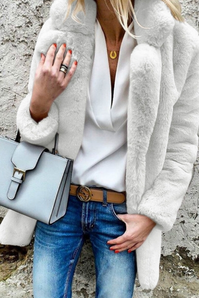 Women's Stylish Plain Long Sleeve Notch Lapel Collar Fuzzy Boxy Open Front Coat