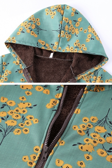 Women's Thick Casual Long Sleeve Hooded Zipper Front Floral Print Sherpa Lined Baggy Long Coat