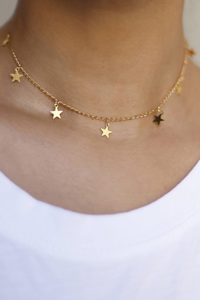 Womens Simple Five-Pointed Star Pendant Alloy Chain Necklace