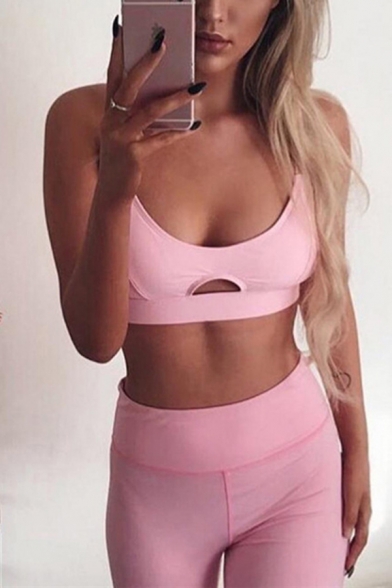 Womens Simple Pink Scoop Neck Hollow Out Crop Cami Tank with Sweatpants Skinny Co-ords