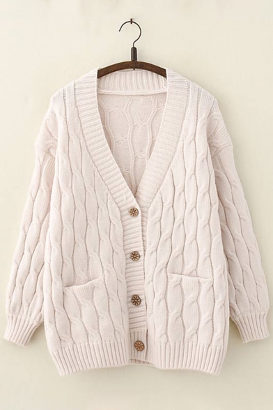 Womens Simple Plain Beige Long Sleeve Dual Pockets Cable Knitted Cardigan Coat