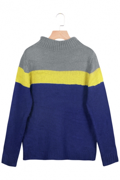 Basic Warm Long Sleeve Mock Neck Stripe Pattern Relaxed Fit Chunky Knitted Sweater Top for Women