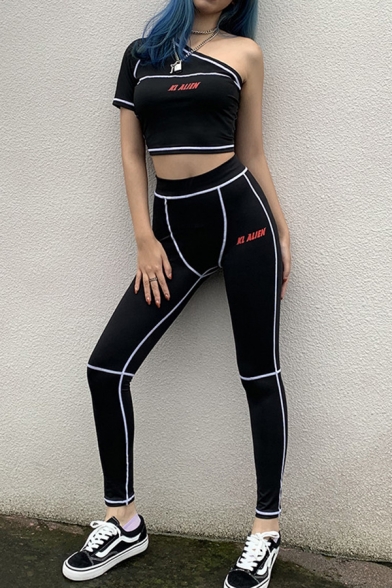 Black Unique Contrast Stitching Design KL ALIEN Letter Print One Shoulder Short Sleeve Crop Tee & Pants Co-ords