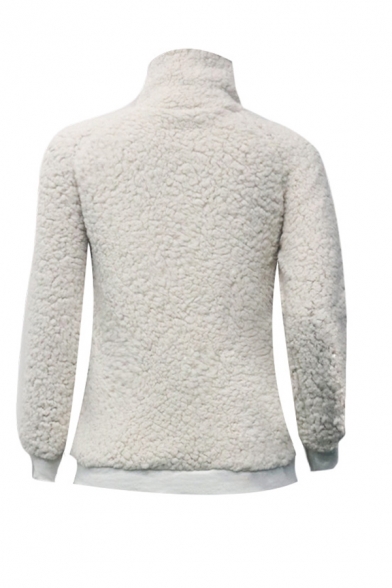 Casual Fashion Women's Long Sleeve Stand Collar Zipper Pockets Side Sherpa Fleece Relaxed Pullover Sweatshirt in White