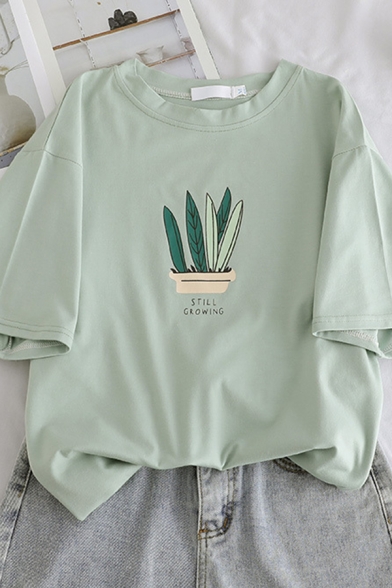 Casual Short Sleeve Crew Neck Letter STILL GROWING Plant Pattern Relaxed Fit T Shirt for Women