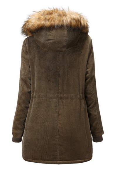 Casual Women's Long Sleeve Hooded Button Zip Front Flap Pockets Fluff Trim Corduroy Loose Plain Midi Parka Coat