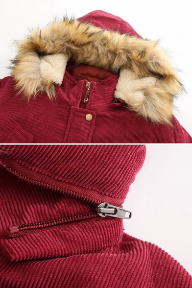 Casual Women's Long Sleeve Hooded Button Zip Front Flap Pockets Fluff Trim Corduroy Loose Plain Midi Parka Coat