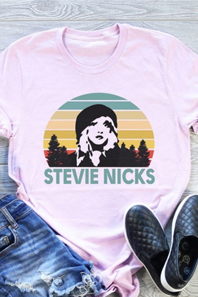 Chic Cartoon Girl Letter STEVIE NICKS Printed Curved Short Sleeve Casual Graphic T-Shirt